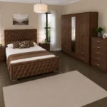 Premium Bedroom Furniture Set - Double Bed - 5 Door Wardrobe With Full Length Mirror And Four Bottom Drawers - Bedside Table Pair