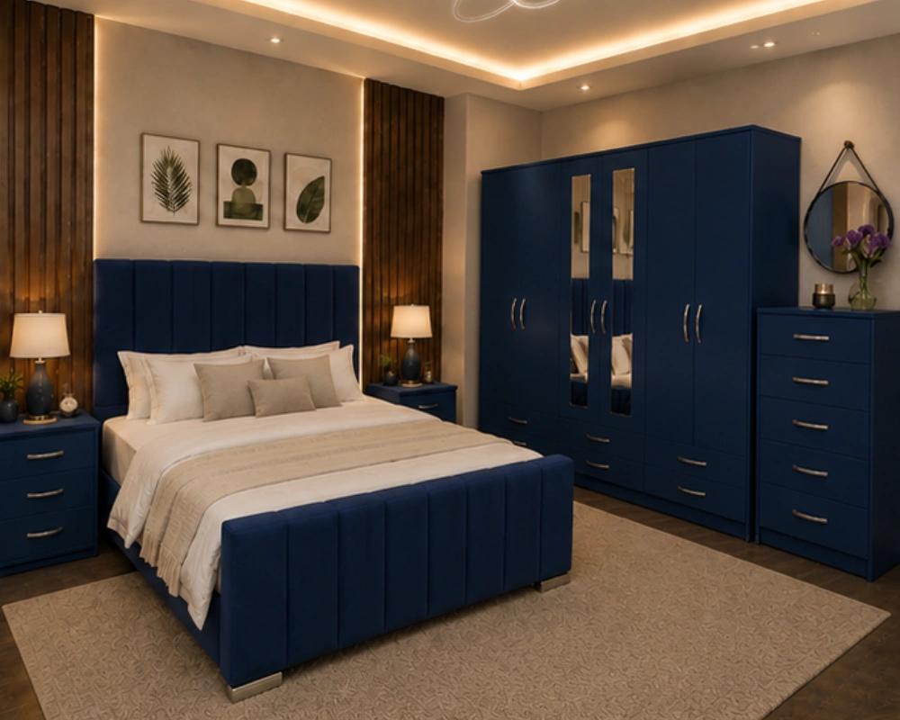 4 Stylish UK Bedroom Set with Double Bed and Matching Storage Furniture Luxury Master Double Bed Set - Six Door Wardrobe With Four Drawer - Chest of Five Drawers With Two Bed Side Table - Image 1