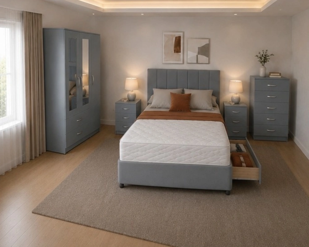 40 Modern Bedroom Furniture Set – Complete Double Bed, 5-Door Wardrobe, Bedside Tables & Chest Modern Double Bedroom Package - 3 Door Wardrobe With Two Mirrors And Two Bottom Drawers - Chest of Five Drawers - Two Bedside Tables - Image 1