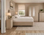 Modern Bedroom Furniture Set - Double Bed - 3 Door Wardrobe With 2 Mirrors And 2 Bottom Drawers - Five Drawer Chest - Two Bedside Tables