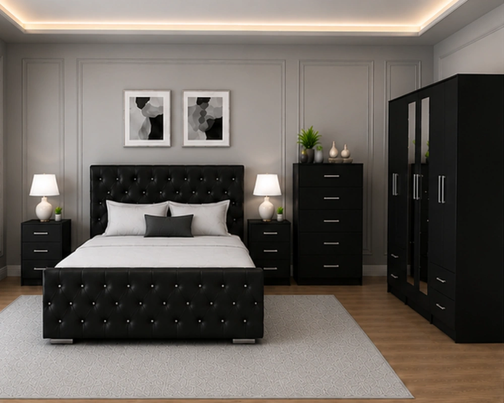 5 Modern Bedroom Set with Double Bed – Complete Furniture Collection Master Bedroom Double Bed Set - Six Door Wardrobe With Four Drawer - Chest of Five Drawers With Two Bed Side Table - Image 1