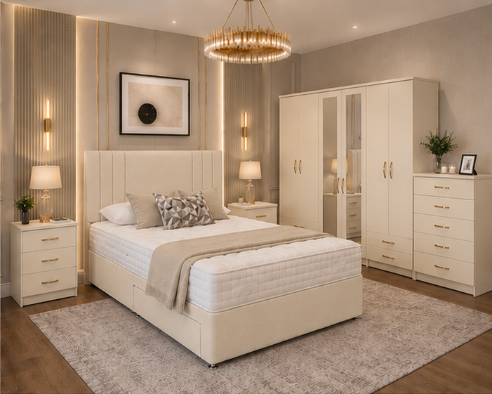 56 Complete Bedroom Furniture Set - King Bed - Six Door Wardrobe - Five Drawer Chest - Two Nightstands - Image 1