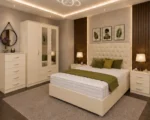 Complete Luxury Bedroom Furniture Set – Double Bed with Three Door Wardrobe, Two Half Mirrors, Two Bottom Drawers & Chest of Five Drawers