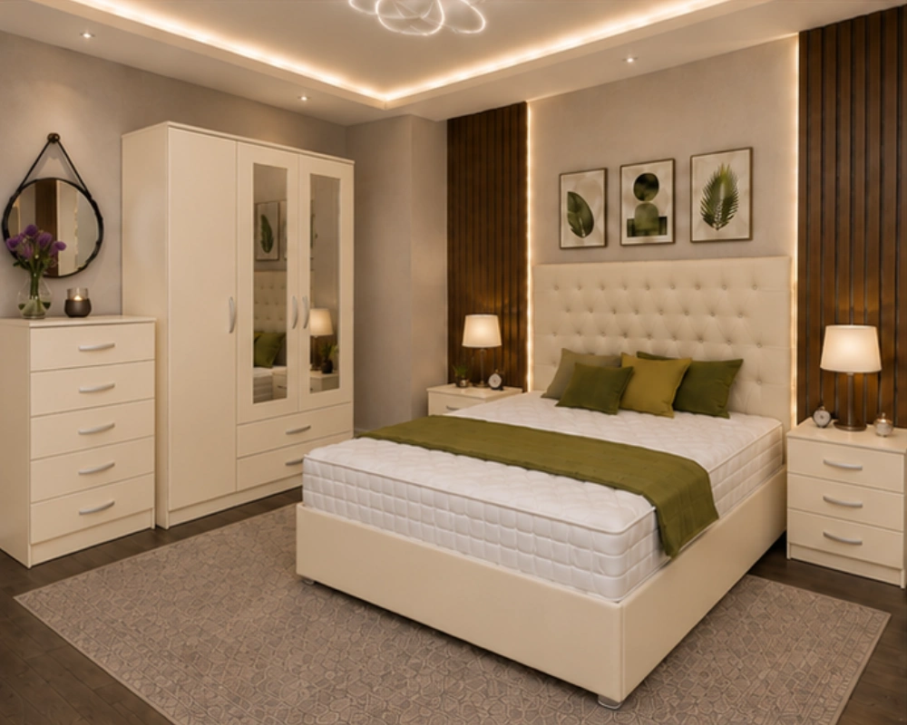 6 Complete Double Bed Bedroom Furniture – Stylish Matching Set Complete Luxury Bedroom Furniture Set – Double Bed with Three Door Wardrobe, Two Half Mirrors, Two Bottom Drawers & Chest of Five Drawers - Image 1