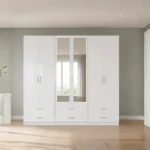 Premium white Bedroom 6 doors Wardrobe with 6 drawers & dual mirror