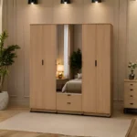 Luxury 6 Door Oak Mirrored Wardrobe with Drawer –  Modern Wooden Bedroom Storage Cabinet