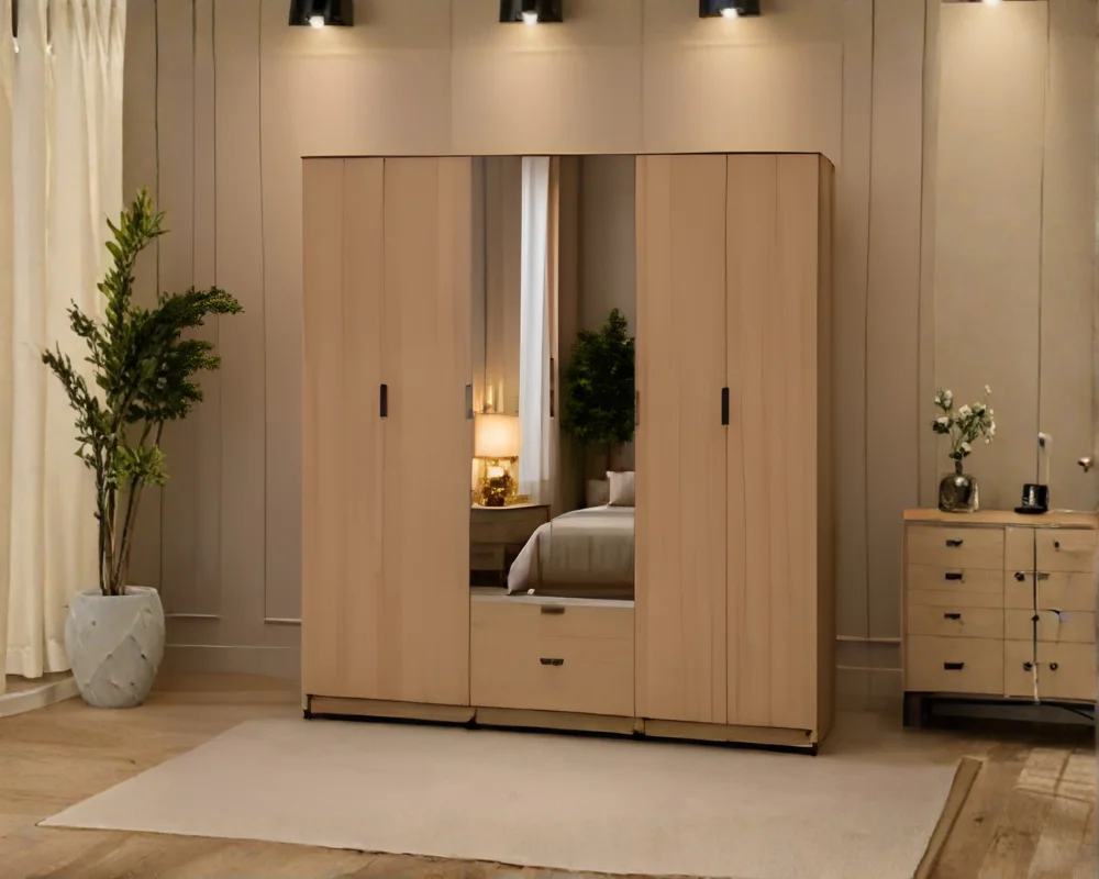 6 Door Wardrobe Furniture – Large Modern Bedroom Storage Luxury 6 Door Oak Mirrored Wardrobe with Drawer – Modern Wooden Bedroom Storage Cabinet - Image 1