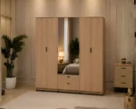 Luxury 6 Door Oak Mirrored Wardrobe with Drawer –  Modern Wooden Bedroom Storage Cabinet - Image 3