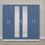 Blue 6 Door Mirrored Wardrobe  –  Modern Bedroom Storage Cabinet with Double Mirrors