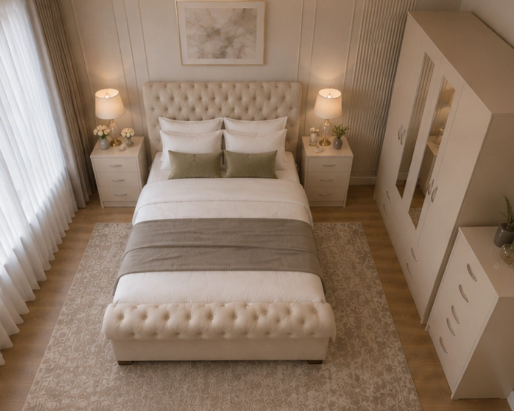 6 Modern Double Bedroom Furniture Set – Complete Bedroom Solution Contemporary Bedroom Set – with Four Door Wardrobe With Four Drawer - Chest of Five Drawers With Two Bed Side Table - Image 1