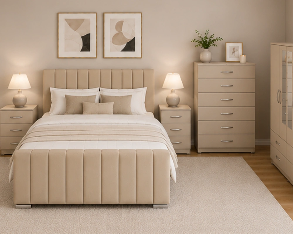 7 Complete Classic Bedroom Furniture Set – Double Bed, 5-Door Wardrobe, Bedside Cabinets & 5-Drawer Chest Premium Bedroom Set - Double Bed - 4 Door Mirror Wardrobe - Five Drawer Chest - Bedside Table Pair - Image 1