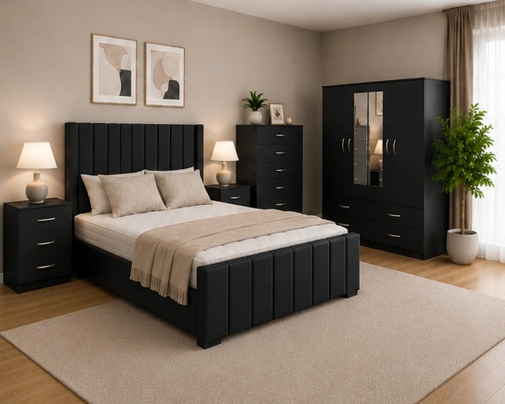 7 Complete Modern Bedroom Furnishings with Double Bed Premium Wooden Bedroom With Four Door Wardrobe With Four Drawer - Chest of Five Drawers With Two Bed Side Table - Image 1