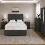 Modern Charcoal Double Bed Furniture Collection – Four Door Wardrobe with Four Bottom Drawers – Chest of Five Drawers with Two Bedside Tables