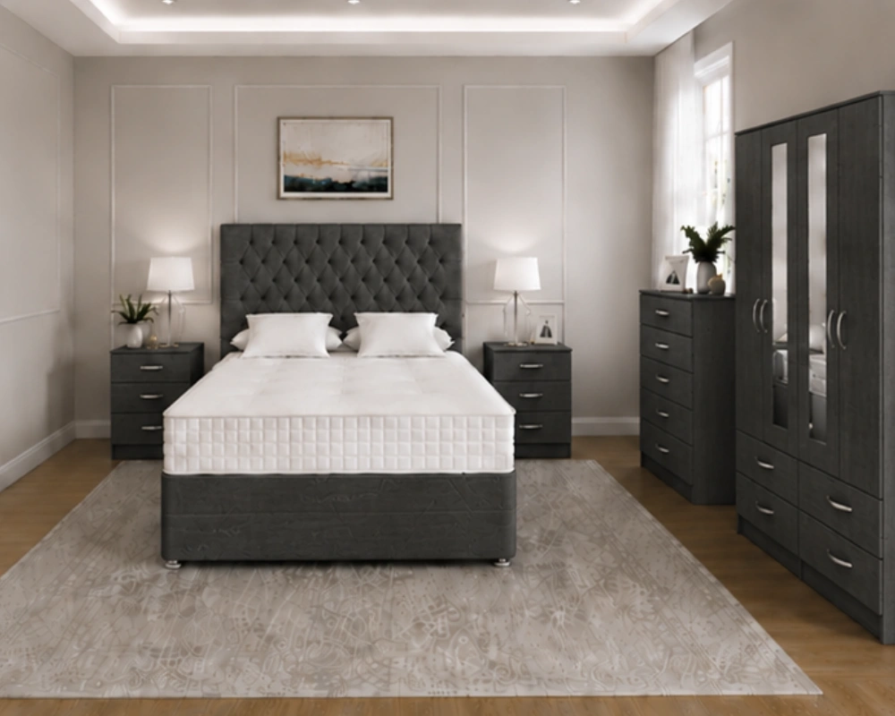 7 Double Bed Bedroom Set – Matching Wardrobe, Chest of Drawers & Tables Modern Charcoal Double Bed Furniture Collection – Four Door Wardrobe with Four Bottom Drawers – Chest of Five Drawers with Two Bedside Tables - Image 1