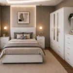 Premium White Bedroom Furniture Set – Double Bed, Four Door Wardrobe with Four Bottom Drawers, Chest of Five Drawers & Two Bedside Tables