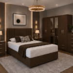 Contemporary King Size Bedroom Set with 6 Door Mirror Wardrobe and Storage Bed - Bedside Table - Chest of Drawers