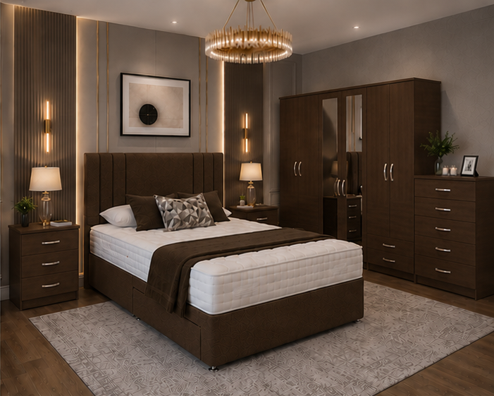 Contemporary King Size Bedroom Set with 6 Door Mirror Wardrobe and Storage Bed - Bedside Table - Chest of Drawers