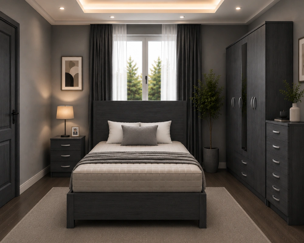 8 Complete Modern Bedroom Set with Double Bed & Matching Wardrobe Luxury Bedroom Collection - Five Door Wardrobe With One Half Mirror And Two Storage Drawers - Double Bed - Two Bedside Tables - Image 1