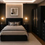 Modern Black Complete Double Bed Furniture Set – Four Door Wardrobe with Four Bottom Drawers – Chest of Five Drawers & Two Bedside Tables