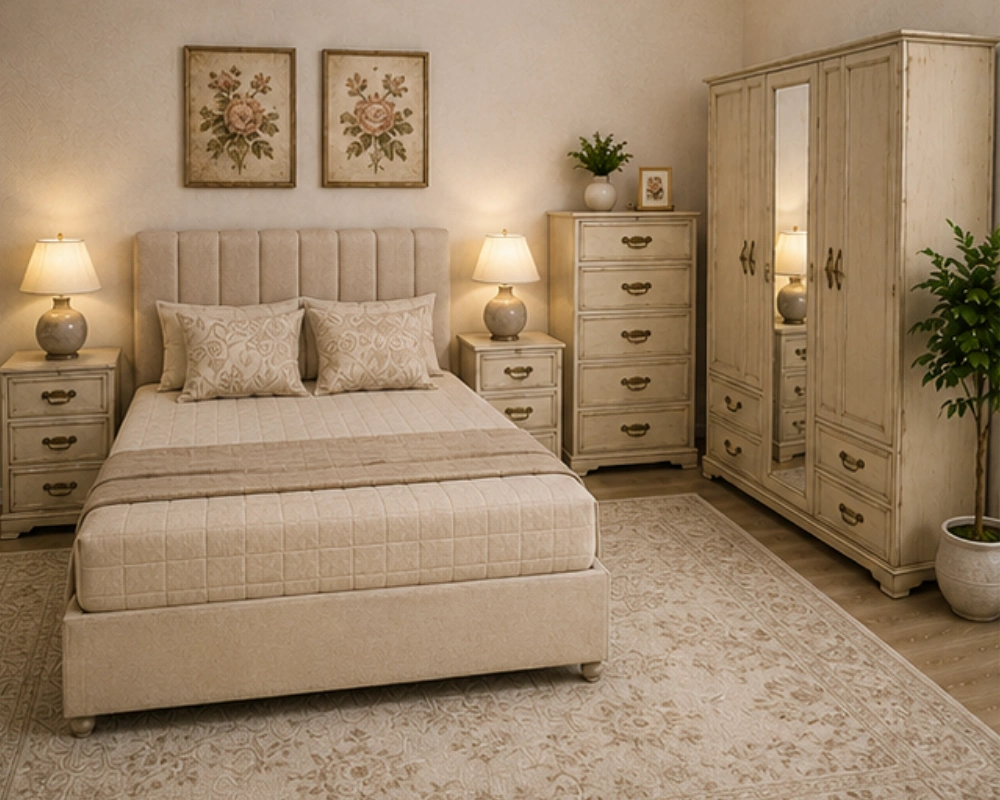 8 Elegant Double Bed Bedroom Suite – Complete Furniture Collection Luxury Double Bed Furniture Set – Five Door Wardrobe with Four Bottom Drawers – Chest of Five Drawers with Two Bedside Tables - Image 1