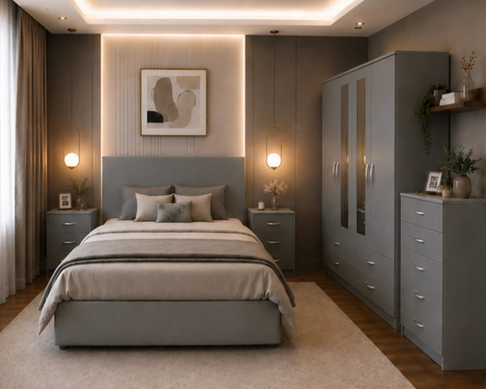 8 Luxury Complete Bedroom Furniture Set – Double Bed Luxury Grey Bedroom Collection – Double Bed, Four Door Wardrobe with Four Bottom Drawers, Chest of Five Drawers & Two Bedside TablesFurniture Set with Chest of Drawers & Bedside Tables - Image 1