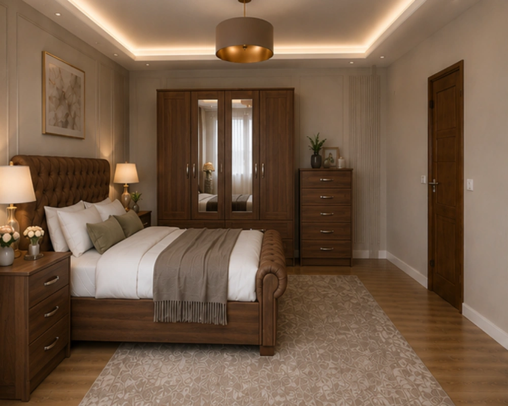 8 Modern Double Bed Bedroom Suite – Complete Matching Furniture Premium Double Bed – with Four Door Wardrobe With Four Drawer - Chest of Five Drawers With Two Bed Side Table - Image 1