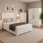 Wooden Double Bed Furniture Set With Four Door Wardrobe With Four Drawer - Chest of Five Drawers With Two Bed Side Table
