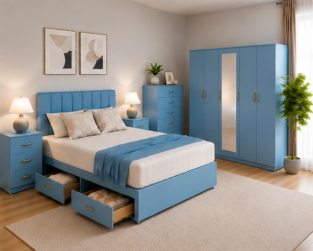 9 Double Bed with Wardrobe, Drawers and Bedside Cabinets Modern Complete Bedroom Furniture Set – Five Door Wardrobe with Four Bottom Drawers – Chest of Five Drawers with Two Bedside Tables - Image 1