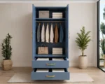 Modern Wooden 2 Door Half Mirror Wardrobe with blue colors - Luxury Two Door Mirror Wardrobe with Drawers - Image 3