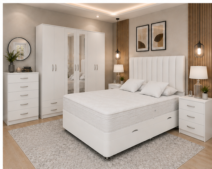 Modern Home Bedroom Set – King Size Ottoman Bed – Large Mirrored Wardrobe – Chest of Drawers – Bedside Pair