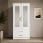Premium Bedroom Wardrobe with Half-Length Mirrors with white colors - Deluxe 2 Door Wardrobe with 2 Drawers & Mirrors