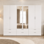 6 Door White Wardrobe with Mirrors & Drawers- Bedroom Storage