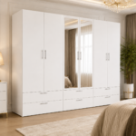 Modern 6 Door White Wardrobe with Full- Length Mirrors- Spacious Bedroom Storage Cabinet