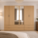6 Door Mirrored Wooden Wardrobe – Natural Oak Finish - Image 3