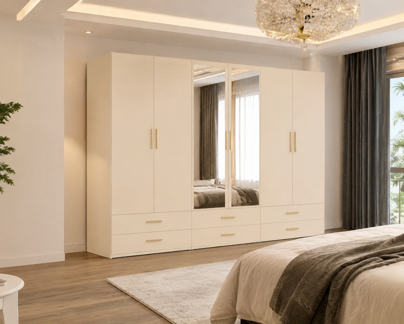 ChatGPT Image Aug 25, 2026, 09_12_22 PM Luxury 6 Door White Mirrored Wardrobe with 6 Drawers – Modern Bedroom Storage Cabinet - Image 1