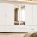 Luxury 6 Door White Mirrored Wardrobe with 6 Drawers  –  Modern Bedroom Storage Cabinet