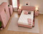 Complete Bedroom Furniture Package with Wardrobe, Drawers & Bedside Units in pink colors - Image 2