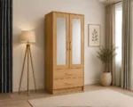 Compact 2 Door Wardrobe with Hanging Rail & Mirror with Oak colors - SpaceSaver Two Door Wardrobe with Dual Mirrors - Image 5