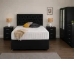 Elegant Bedroom Suite – Three Door Wardrobe with Two Half Mirrors, Two Bottom Drawers, Double Bed & Two Bed Side Tables