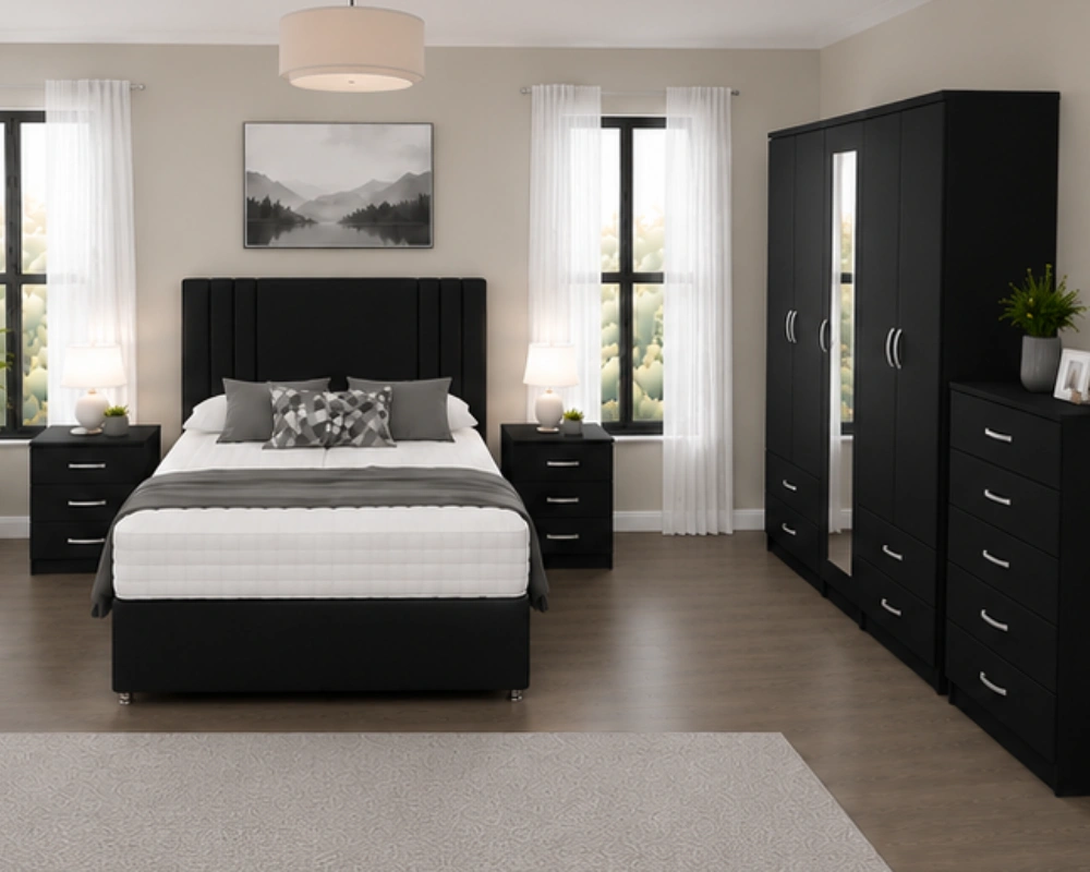 Complete Bedroom Furniture Package – Double Bed, 5-Door Wardrobe, Bedside Tables & Storage Chest Premium Double Bed Bedroom Set – Five Door Wardrobe with Four Bottom Drawers – Chest of Five Drawers & Two Bedside Tables - Image 1