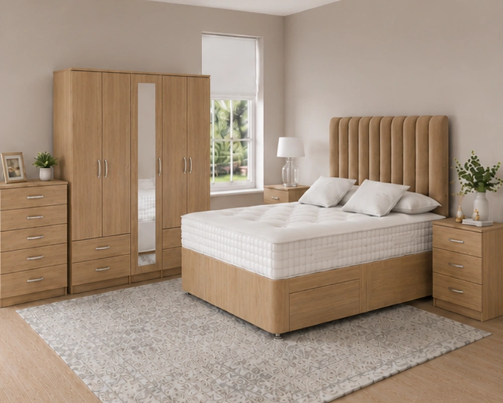Complete Bedroom Furniture Package – King Size Bed, Wardrobe, Bedside Tables & Dressing Table Luxury Double Bedroom Package - 5 Door Mirror Wardrobe With Four Bottom Drawers - Five Drawer Chest - Two Bedside Tables - Image 1