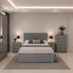 Complete Bedroom Furniture Collection – Double Bed, 5 Door Wardrobe with Full Length Mirror, Chest of Five Drawers & 2 Bed Side Tables