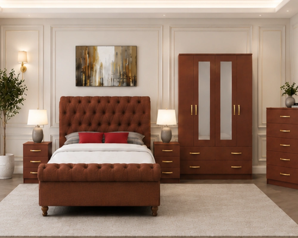 Complete Bedroom Furniture Set with Dressing Table – King Bed, Wardrobe & Bedside Cabinets Contemporary Double Bed Set - four Door Wardrobe With Four Drawer & 2 mirror - Chest of Five Drawers With Two Bed Side Table - Image 1