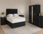 Modern Bedroom Collection – Double Bed, Five Door Mirror Wardrobe with Four Bottom Drawers, Chest of Five Drawers & Two Bed Side Tables - Image 2