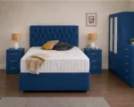 Modern Double Bed Furniture Set – Three Door Wardrobe with Dual Half Mirrors, Two Bottom Drawers, Chest of Five Drawers & Two Bed Side Tables