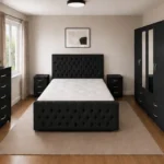 Modern Double Bed Furniture Collection - Four Door Wardrobe With Two Mirrors And Four Bottom Drawers - Chest of Five Drawers With Two Bed Side Tables