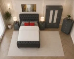 Luxury grey Velvet Complete Bedroom Furniture Set – four Door Wardrobe With Four Drawer - Chest of Five Drawers With Two Bed Side Table - Image 2