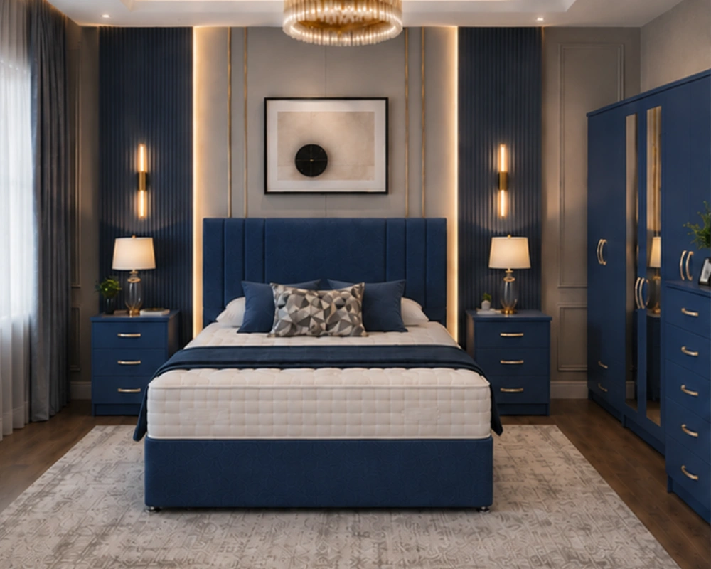 Complete Bedroom Suite with Mirrored Wardrobe and Drawer Chest Premium Bedroom Furniture Package - King Size Bed - Six Door Wardrobe - Five Drawer Chest - Bedside Table Pair - Image 1