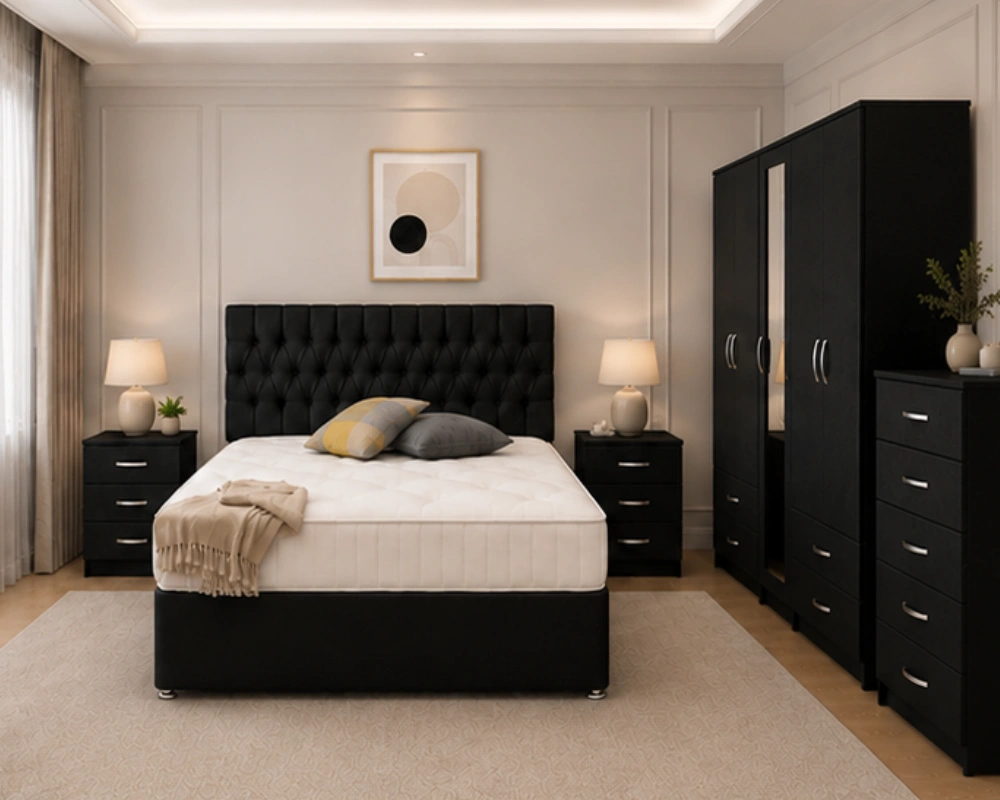 Complete Contemporary Bedroom Furniture Set – King Bed, Wardrobe, Bedside Cabinets & Dressing Table Luxury Double Bed Set with Five Door Full Length Mirror Wardrobe, Four Bottom Drawers, Five Drawer Chest & Two Bed Side Tables - Image 1