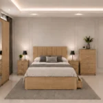 Premium Home Furniture Set – Double Bed, Five Door Wardrobe with Full Mirror, Four Bottom Drawers & Two Bed Side Tables